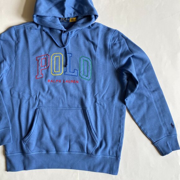 Polo Ralph Lauren "Polo" Logo Fleece Pullover Hoodie Sweatshirt Nimes Blue